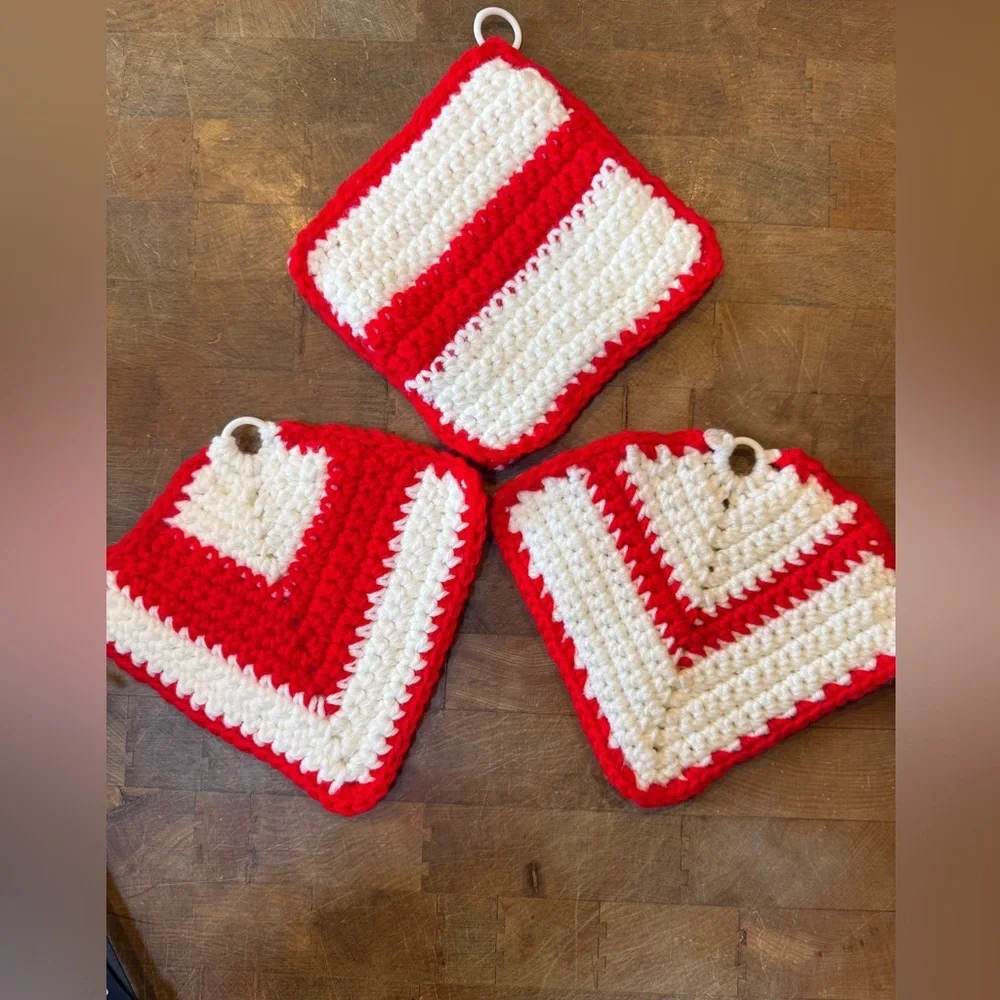 Handmade Red & White Crochet Pot Holders - Set of 3